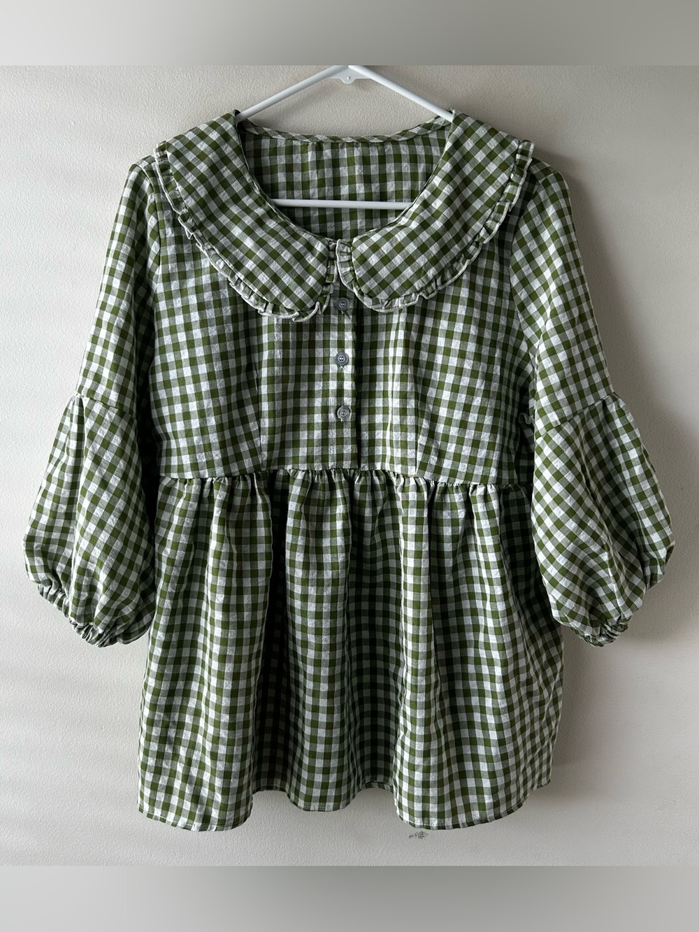 Cottagecore Peasant Boho Peter Pan Collar Blouse Top Gingham Check Green White